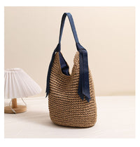 Ribbon Shoulder Straw Bag Large Capacity Solid Color Woven Bag Seaside Vacation Beach Bag Straw Bag