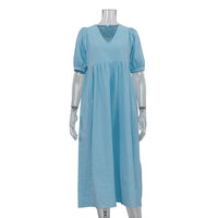 French Lightly Mature V-Neck Puff Sleeve Dress