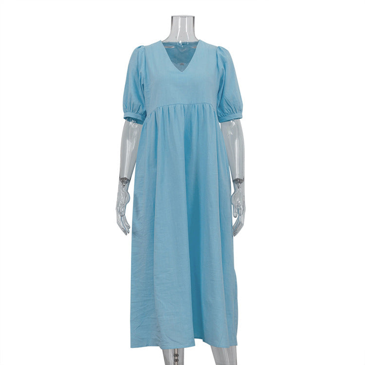 French Lightly Mature V-Neck Puff Sleeve Dress