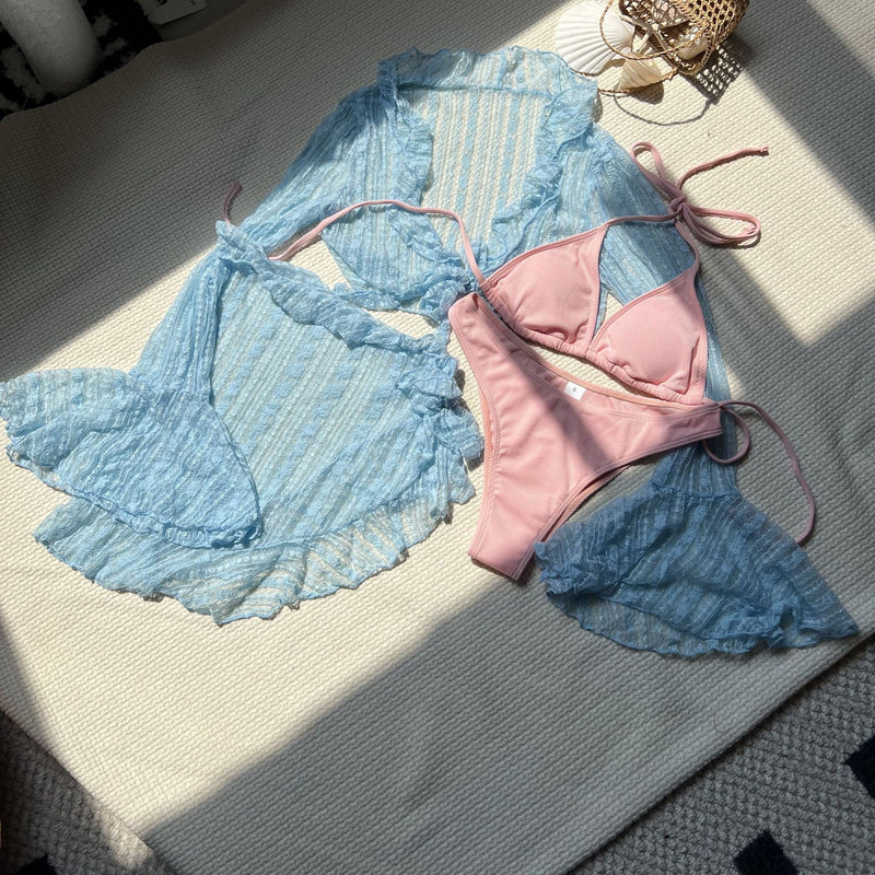 Lace Mesh Four-Piece Swimsuit Bikini 3 Piece-Set