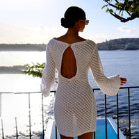 Spring Summer Beach Dress Women Solid Color Sexy Knitted Beach Bikini Swimsuit Blouse Sun Protective Clothing