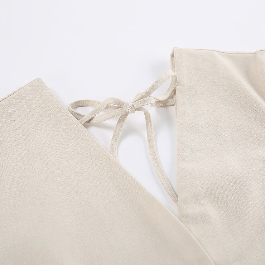 French Beige Cotton Linen Puff Sleeve Dress