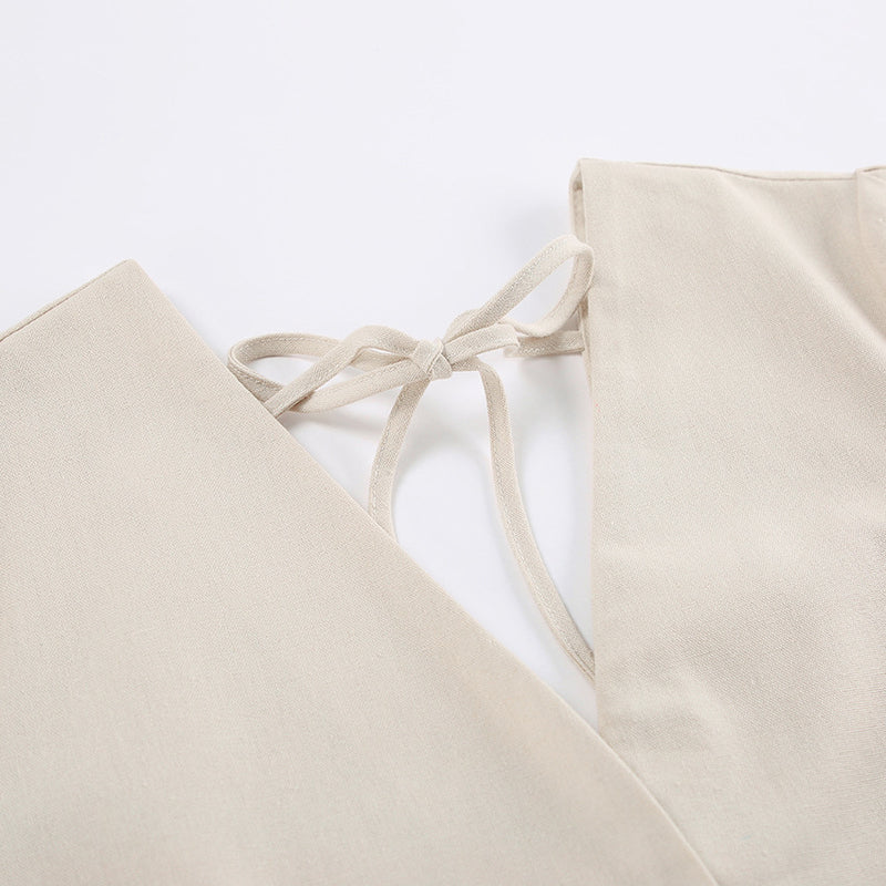 French Beige Cotton Linen Puff Sleeve Dress
