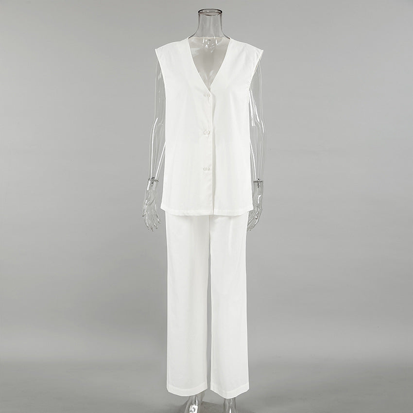 White V neck Cotton Linen Sleeveless Waistcoat Vest Trousers Spring Summer Two Piece Sets for Women