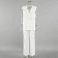 White V neck Cotton Linen Sleeveless Waistcoat Vest Trousers Spring Summer Two Piece Sets for Women