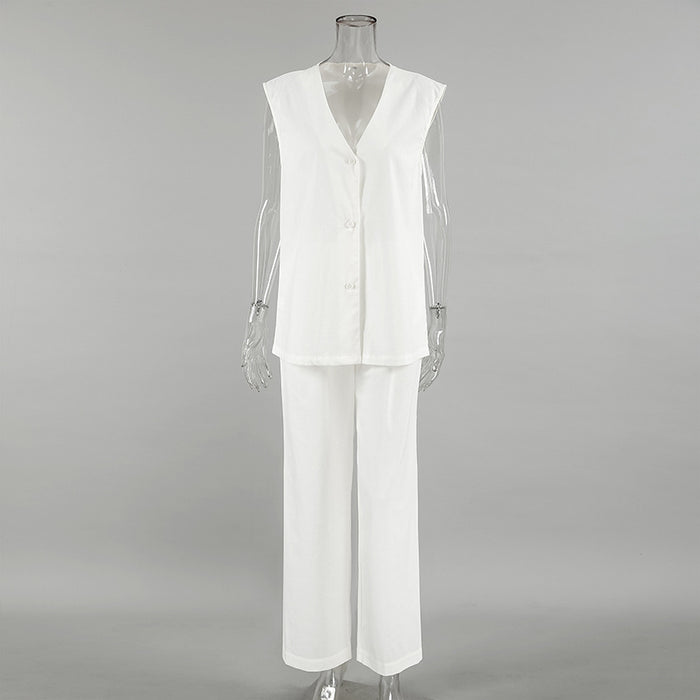 White V neck Cotton Linen Sleeveless Waistcoat Vest Trousers Spring Summer Two Piece Sets for Women