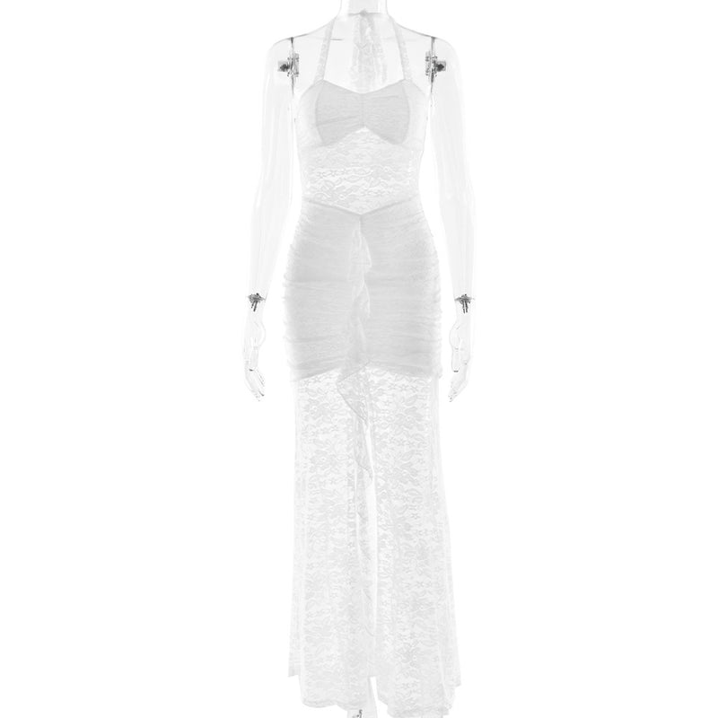 Summer Elegant Halter Lace Maxi Dress Sexy Sleeveless Backless Slim Fit Dress Women