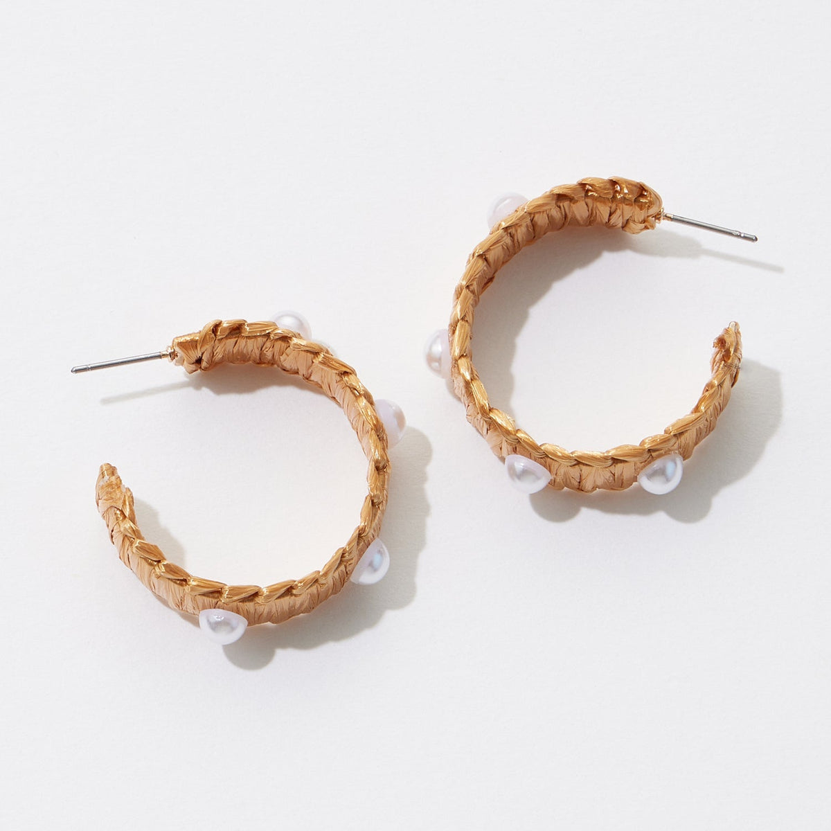 Raffia Wrapped Hoop Earrings with Pearl