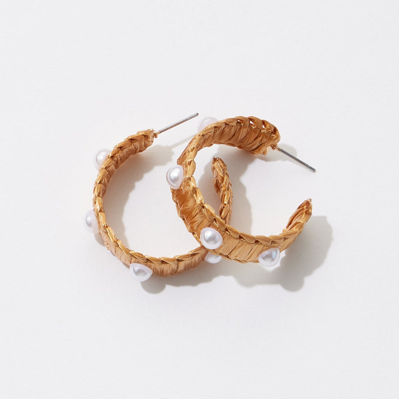 Raffia Wrapped Hoop Earrings with Pearl
