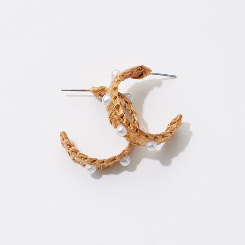 Raffia Wrapped Hoop Earrings with Pearl