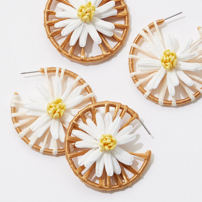 Flower Raffia Hoop Earrings