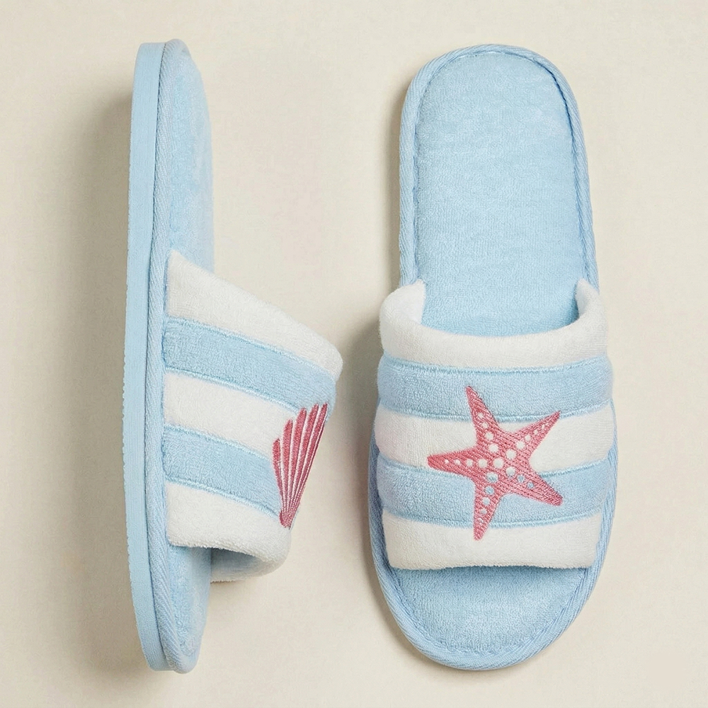 Sea Shell & Starfish Embroidered Terry Slide Slippers