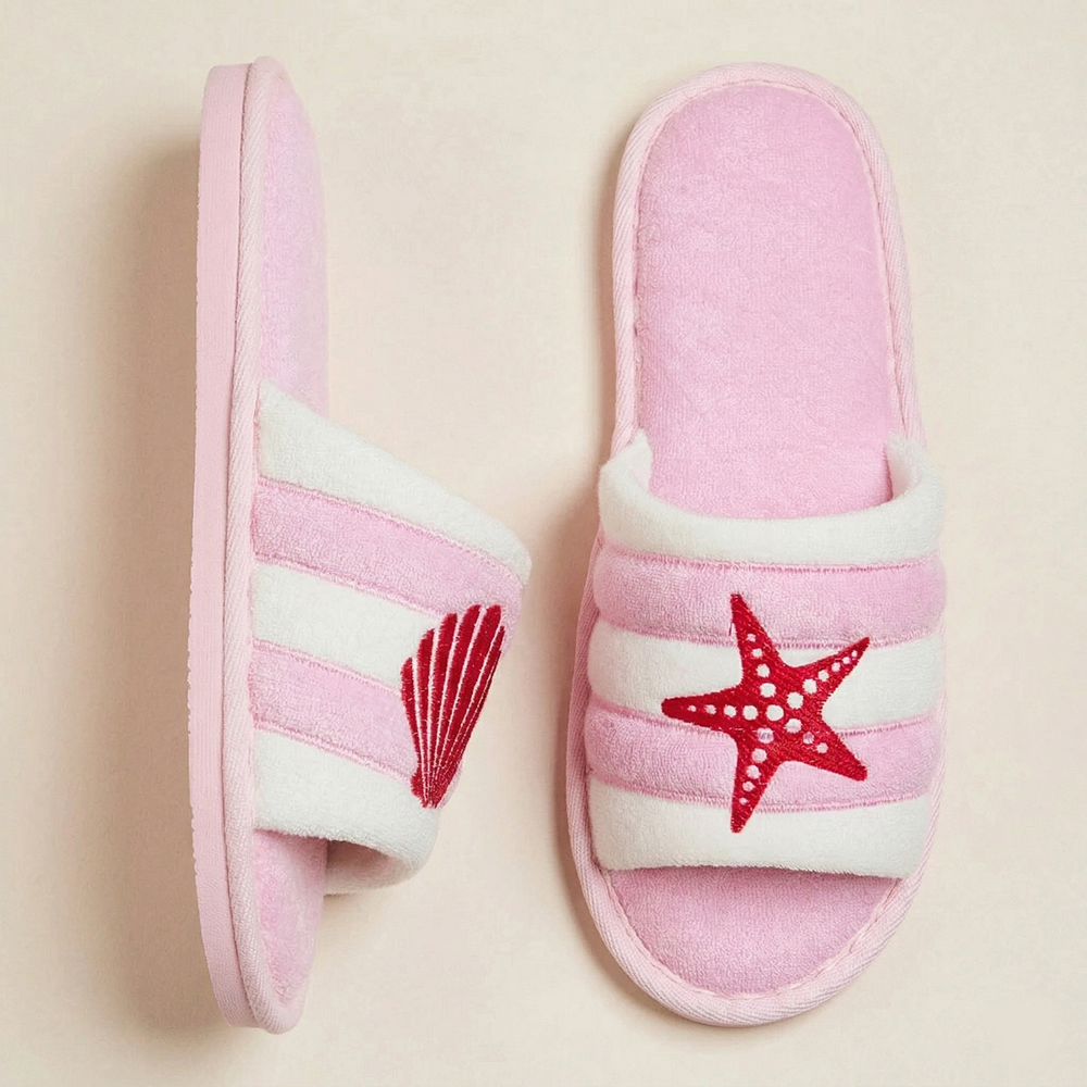Sea Shell & Starfish Embroidered Terry Slide Slippers