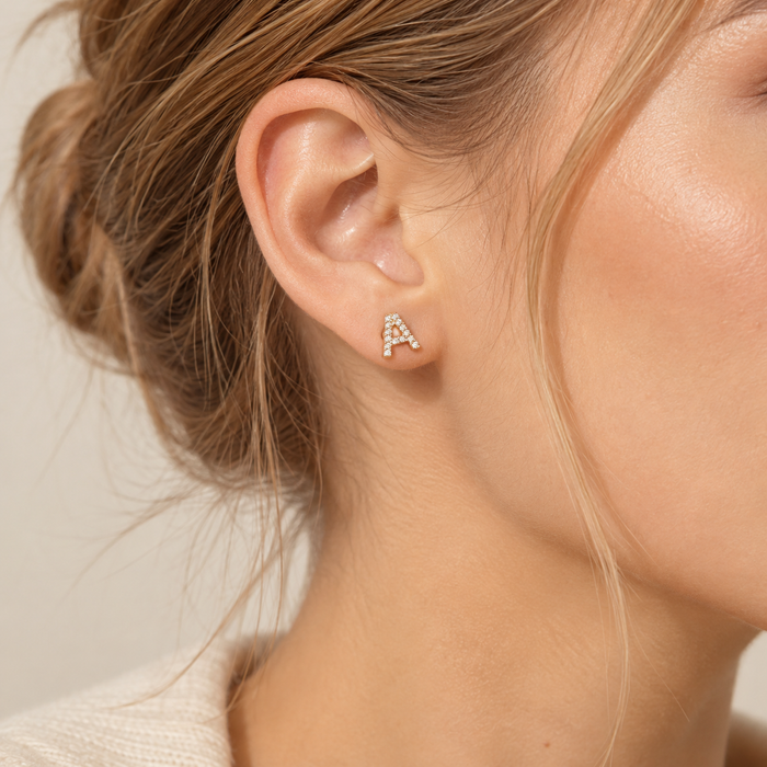 12-in-1 CZ Pave Initial Letter Stud Earrings | Initial Jewelry