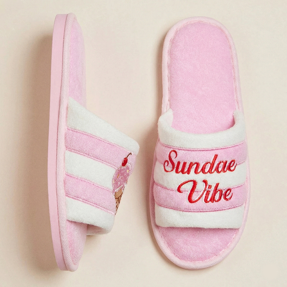 Sundae Vibe Ice Cream Embroidered Cozy Slide Slippers