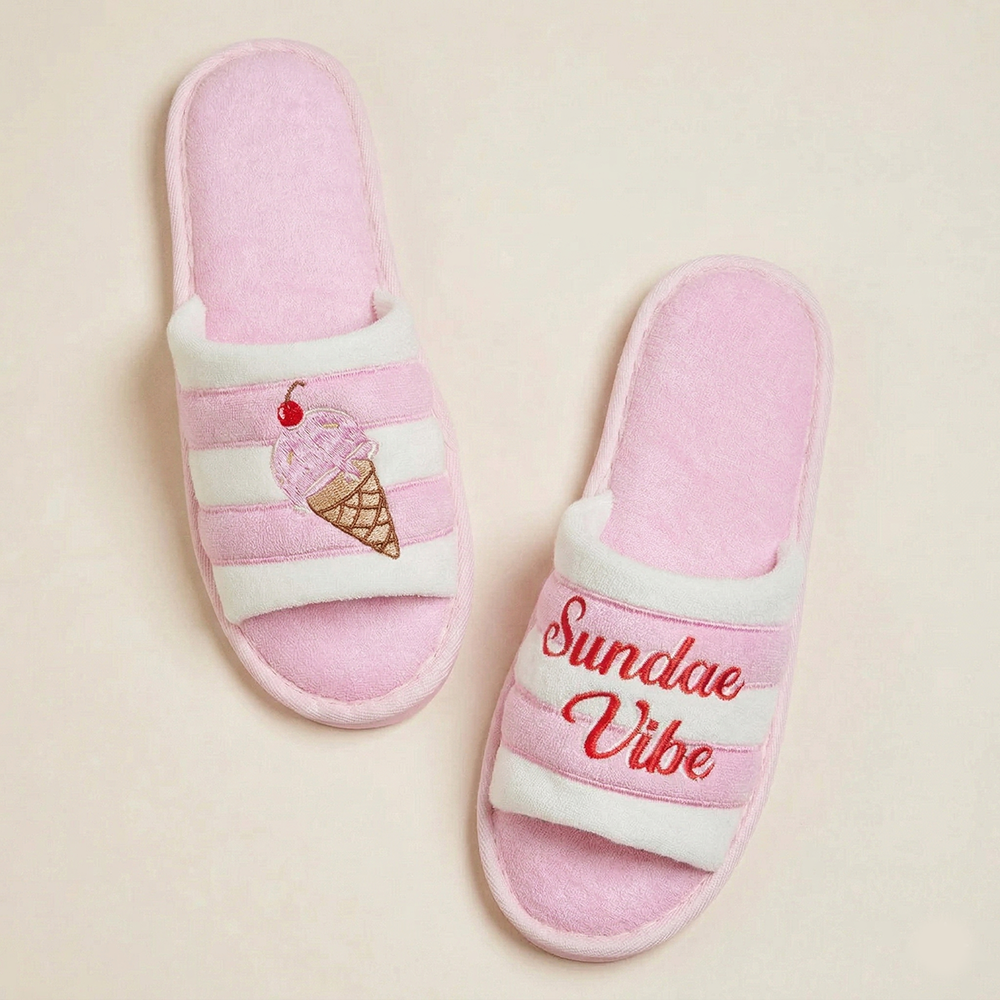 Sundae Vibe Ice Cream Embroidered Cozy Slide Slippers