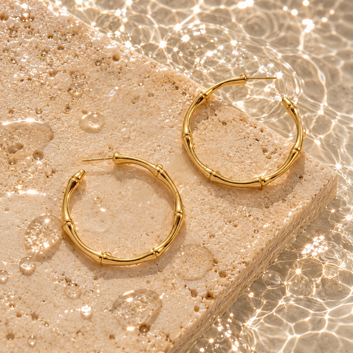 18K Gold Dipped Bamboo Hoops | Stainless Steel Jewelry