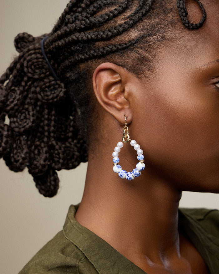 Floral Ceramic Hoop Earrings Pink and Blue
