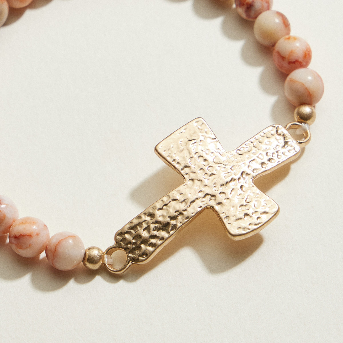 Small Beaded Natural Stone Hammered Cross Bracelet | Faith Jewelry