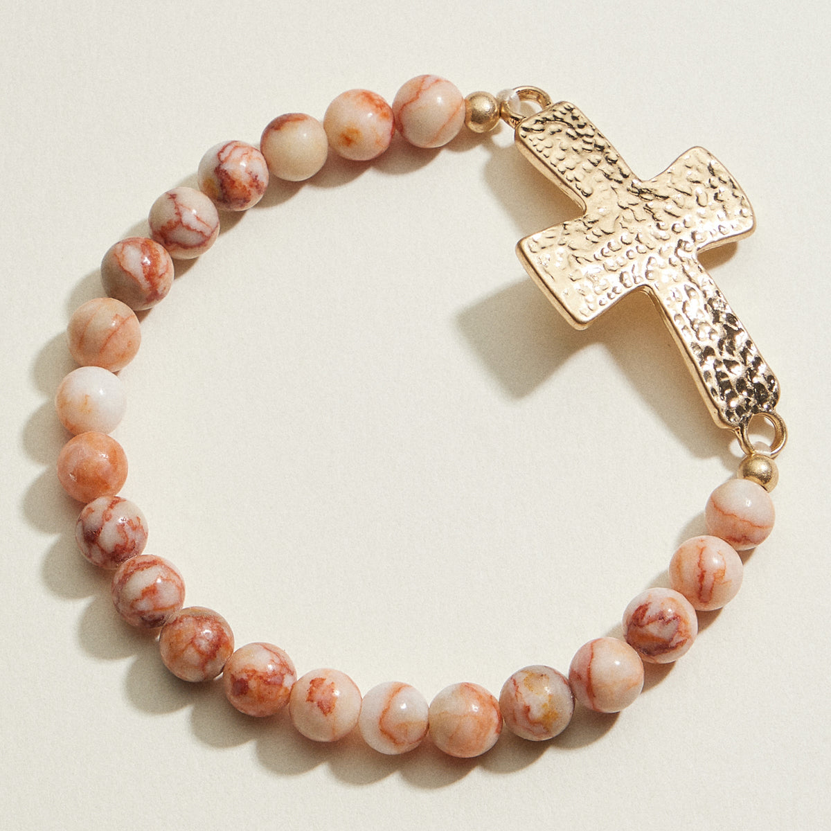 Small Beaded Natural Stone Hammered Cross Bracelet | Faith Jewelry