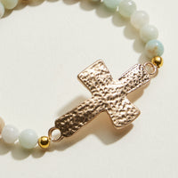 Small Beaded Natural Stone Hammered Cross Bracelet | Faith Jewelry