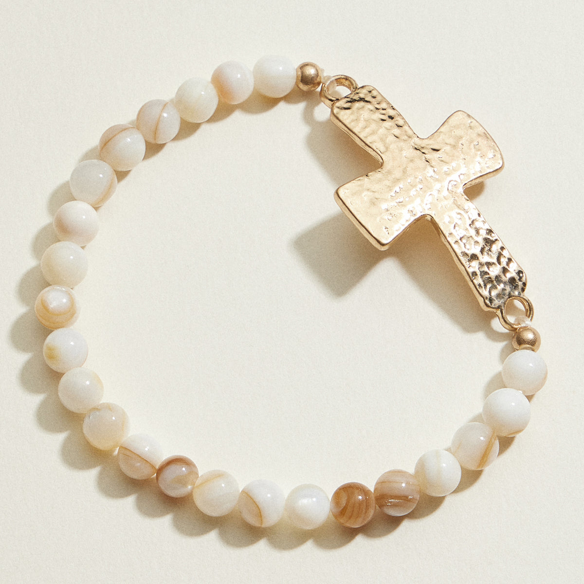 Small Beaded Natural Stone Hammered Cross Bracelet | Faith Jewelry