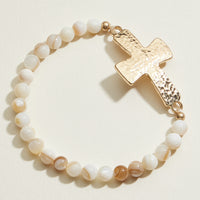 Small Beaded Natural Stone Hammered Cross Bracelet | Faith Jewelry