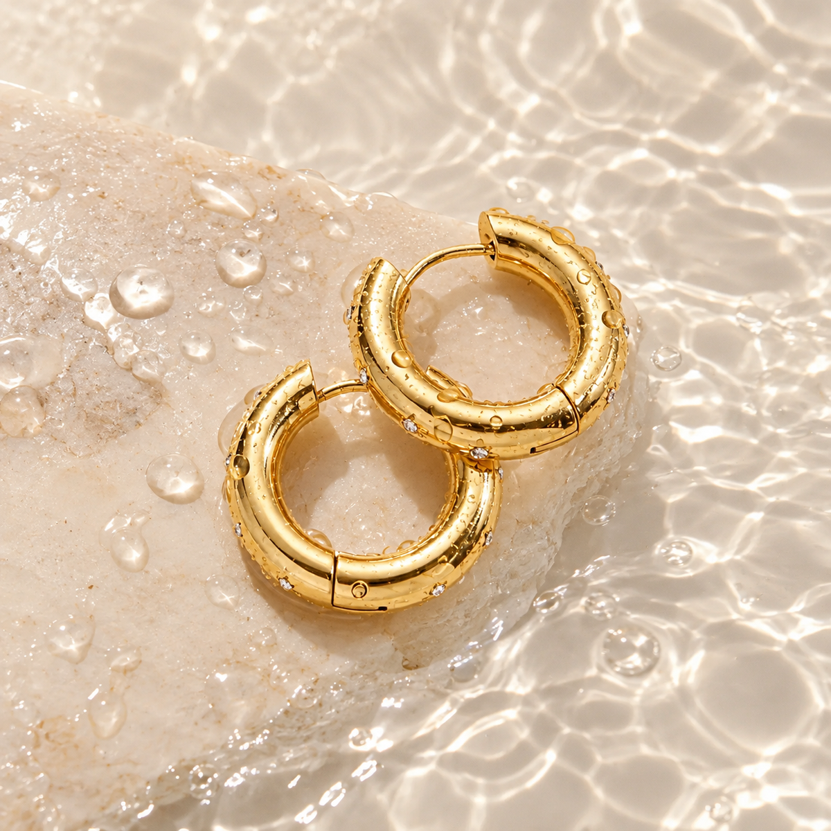 18K Gold Dipped CZ Hoops | Stainless Steel Jewelry
