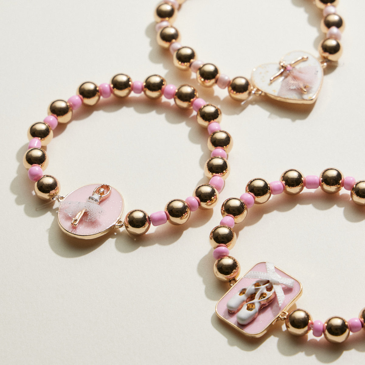 Kids Ballerina Heart Charm Beaded Stretch Bracelet