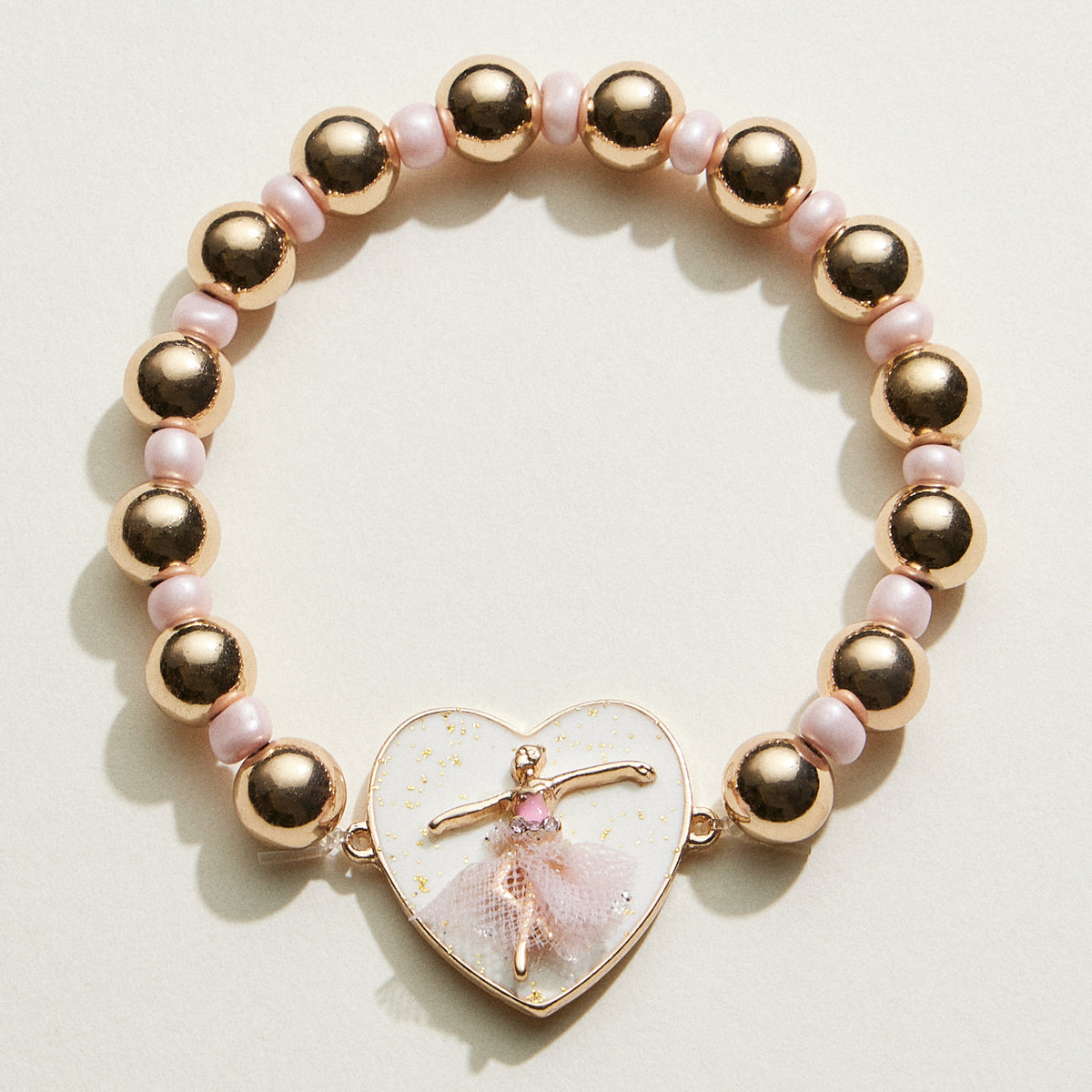 Kids Ballerina Heart Charm Beaded Stretch Bracelet