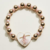 Kids Ballerina Heart Charm Beaded Stretch Bracelet