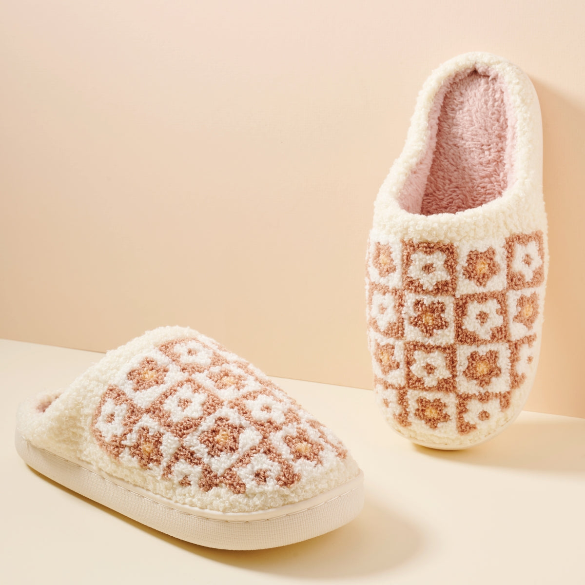 Sherpa Flower Color Block Home Slippers | Cozy Floral Slippers