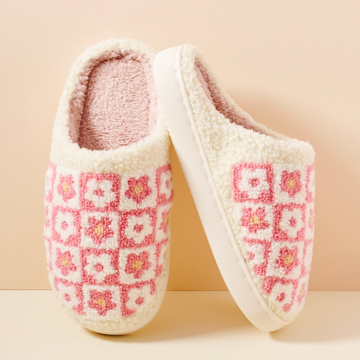 Sherpa Flower Color Block Home Slippers | Cozy Floral Slippers