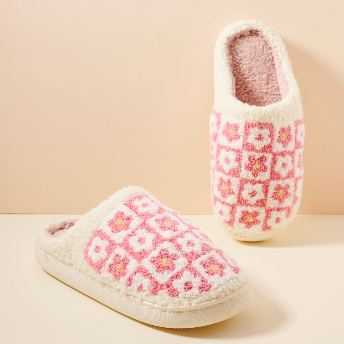 Sherpa Flower Color Block Home Slippers | Cozy Floral Slippers