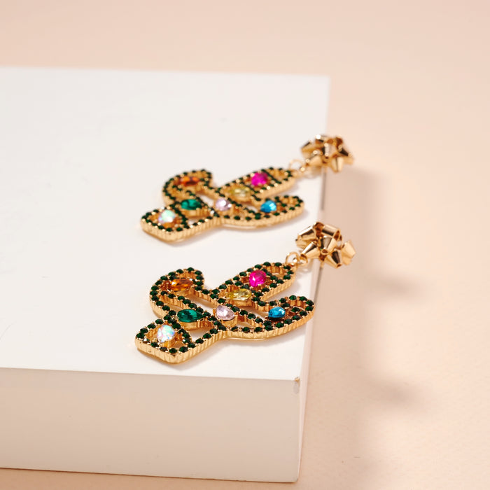 Christmas Cactus & Rhinestones Dangling Earrings