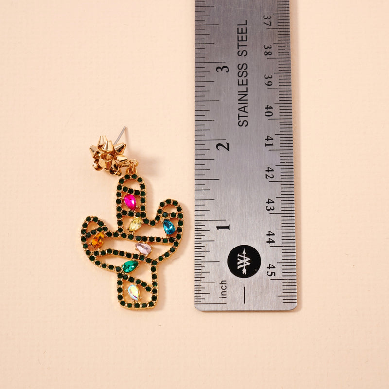 Christmas Cactus & Rhinestones Dangling Earrings