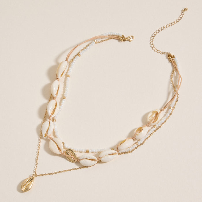 Layered Cowrie Shell and Beaded Necklace