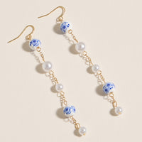 Blue Porcelain and Pearl Drop Earrings