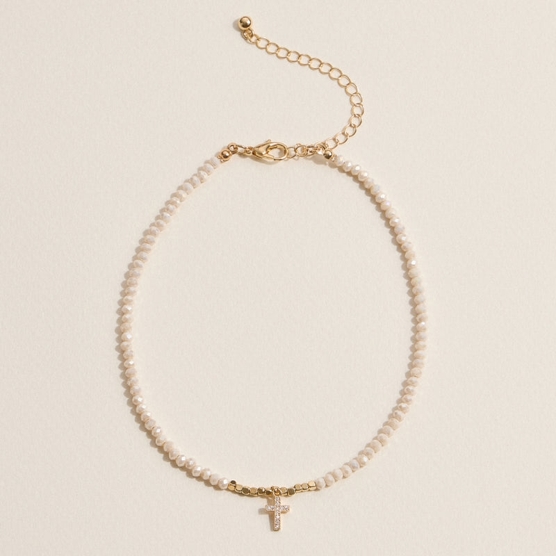 Faceted Bead Anklet with Gold Cross Charm