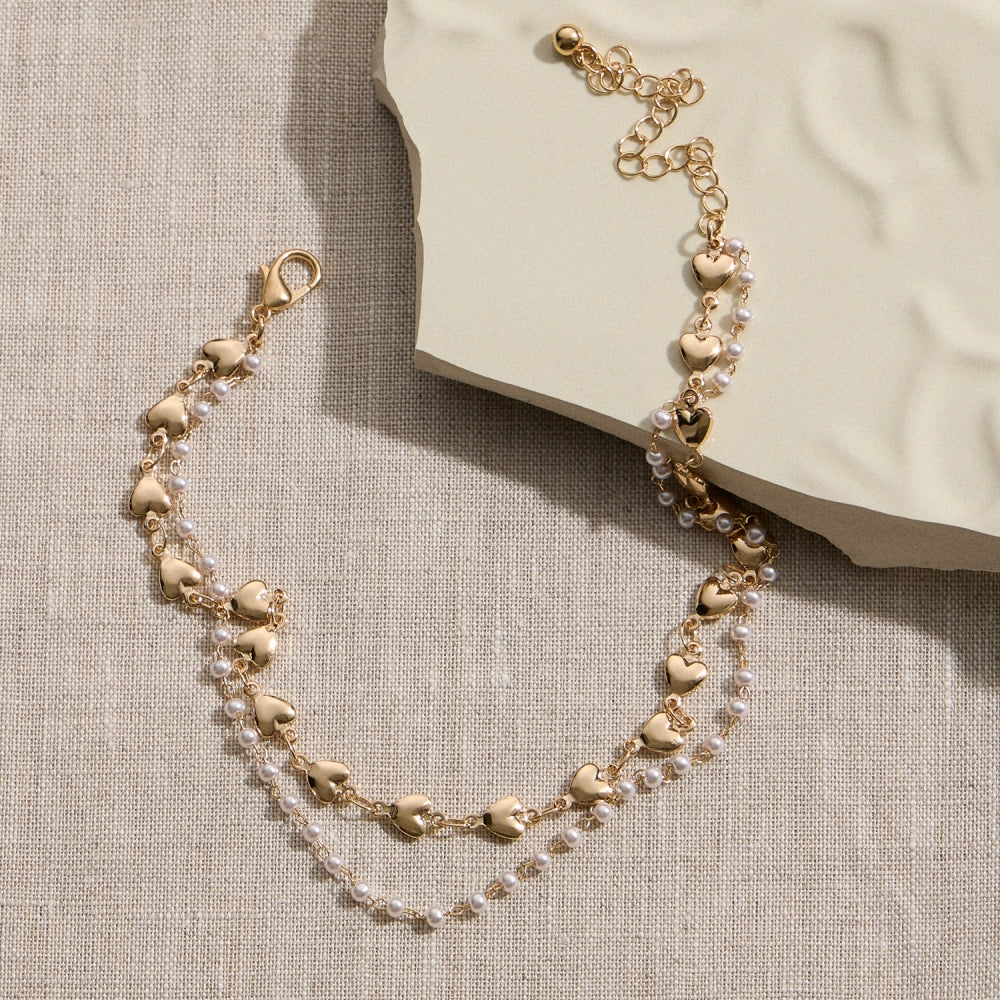 Double Layer Heart and Pearl Anklet