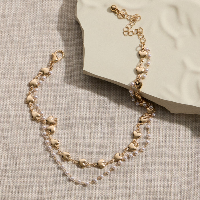 Double Layer Heart and Pearl Anklet