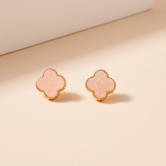 Druzy Clover Stud Earrings with Gold Trim