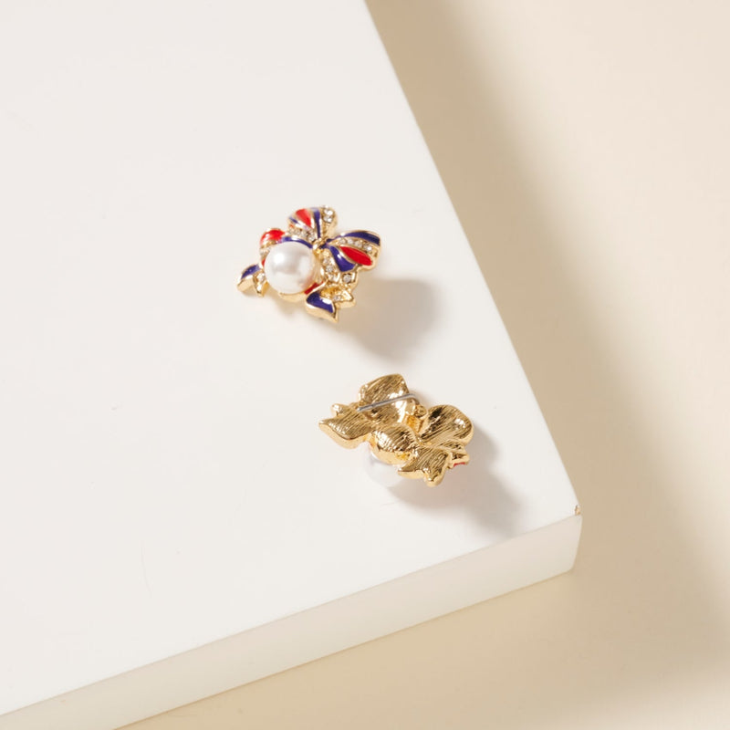 USA Flag Bow Pearl Earrings