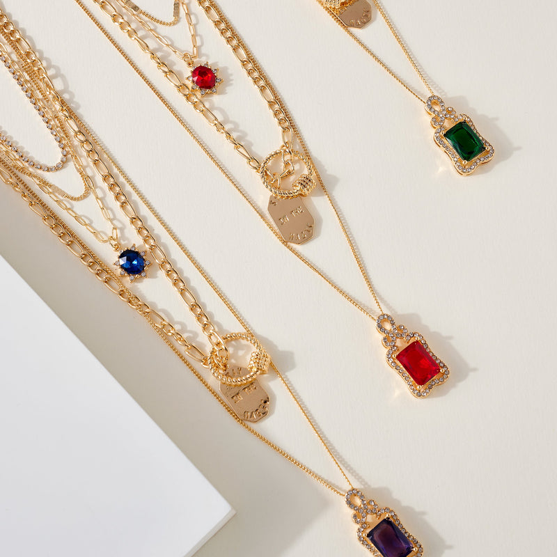Layered Rhinestone Dog Tag Necklace