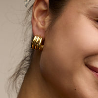 Small Chunky Triple-Ring Hoop Earrings – 18K Gold Dipped & Silver-Tone Bold Huggie Hoops