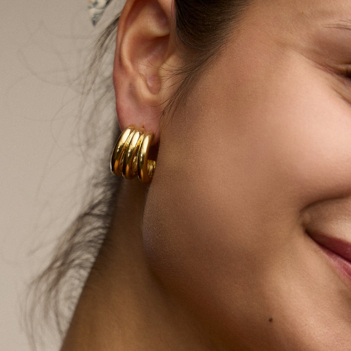 Small Chunky Triple-Ring Hoop Earrings – 18K Gold Dipped & Silver-Tone Bold Huggie Hoops