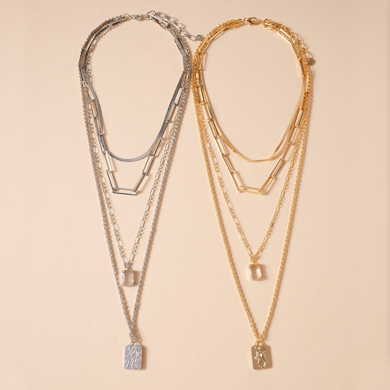 Glass Stone Coin Charm Layered Necklace