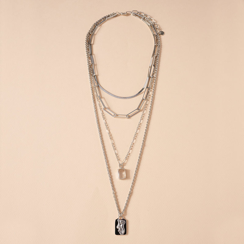 Glass Stone Coin Charm Layered Necklace